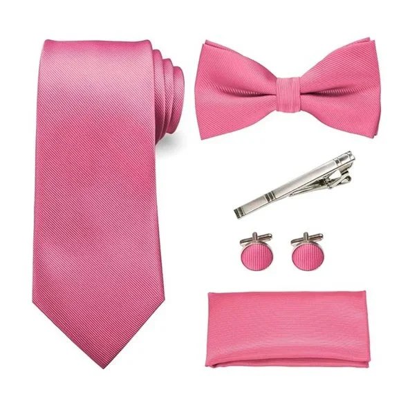 Mens 5 Piece Tie + Bow Tie + Pocket Square + Cufflinks + Clip Satin Pink - Picture 1 of 5
